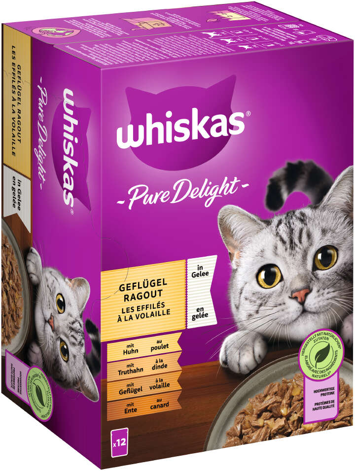 whiskas Katzen-Nassfutter PURE DELIGHT Portionsbeutel Multipack Geflügel Ragout in Gelee 12 x 85g